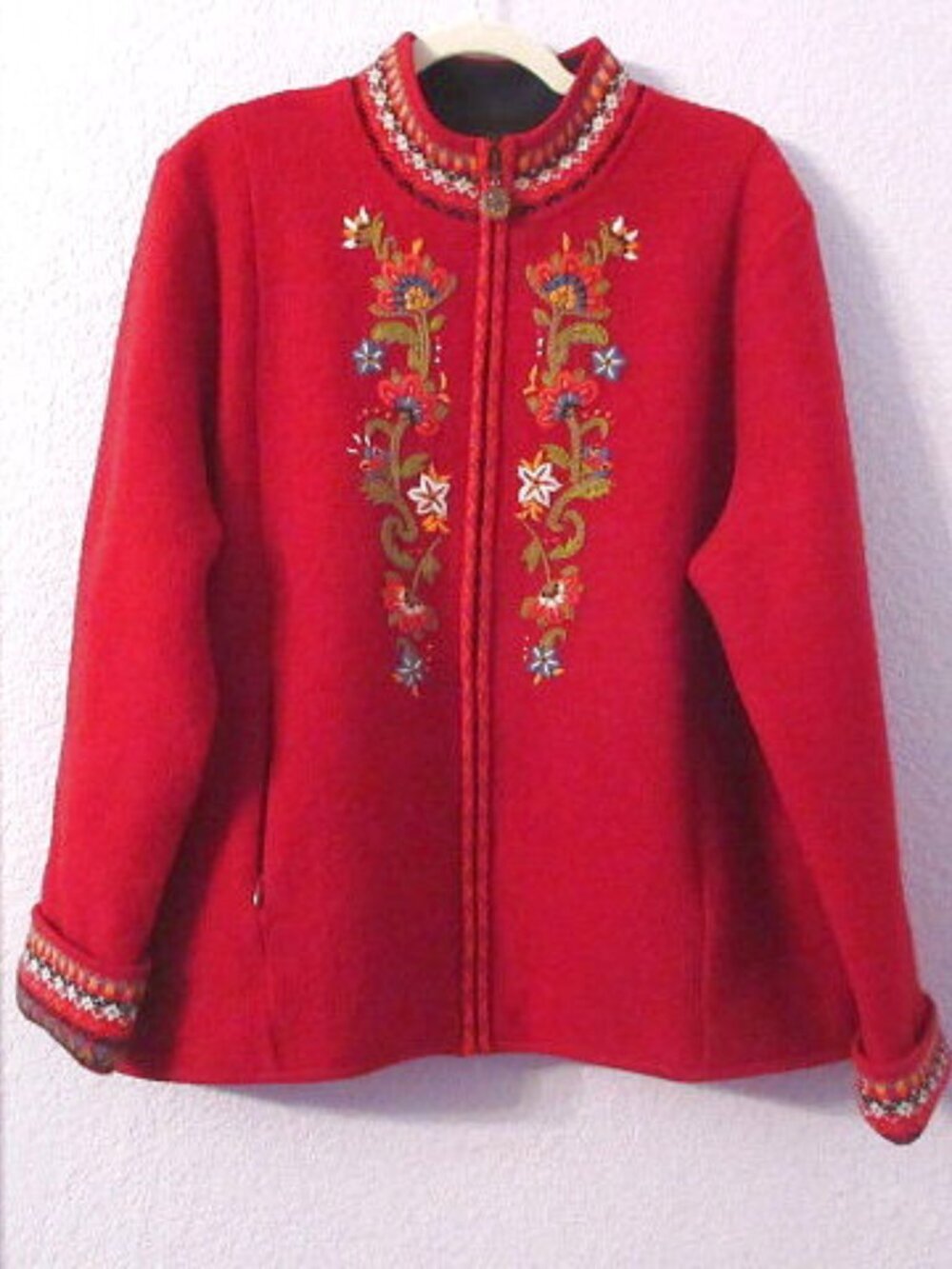 Icelandic Design Embroidered Jacket XL Boiled Wool Zip Pockets Sweater Coatigan